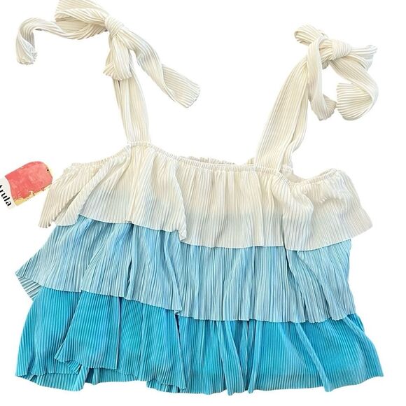 New Arula 1X Ruffled Tiered Bow Tie Sleeve Top, Blue ombré gradient - Picture 3 of 10